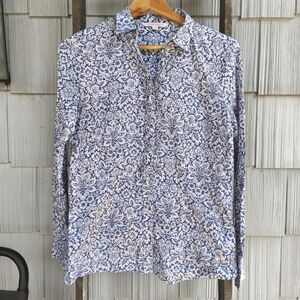 Brooks Brothers Floral Ruffle Trim Button Down Cotton Shirt sz 10 Blue White